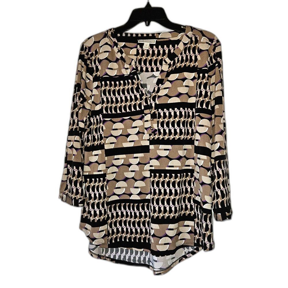DANA BUCHMAN V Neck Long Sleeve Geometric Round Hem Waist Blouse Large